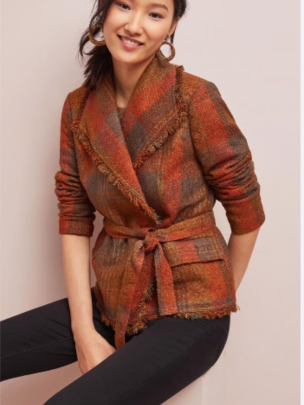 Plaid Fringe Tweed Wrap Jacket Anthropologie Cartonnier Sophie Blazer Rust Brown